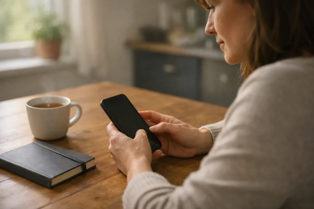 Persoon aan de keukentafel die op een telefoon een bericht voorbereidt