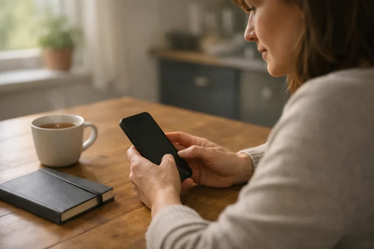 Persoon aan de keukentafel die op een telefoon een bericht voorbereidt