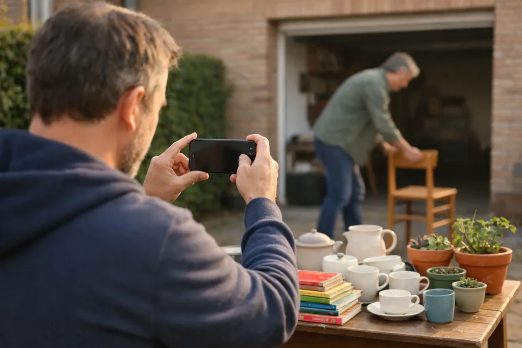 Een bewoner fotografeert tweedehands spullen in de voortuin voor een aankondiging van een garageverkoop op Facebook.