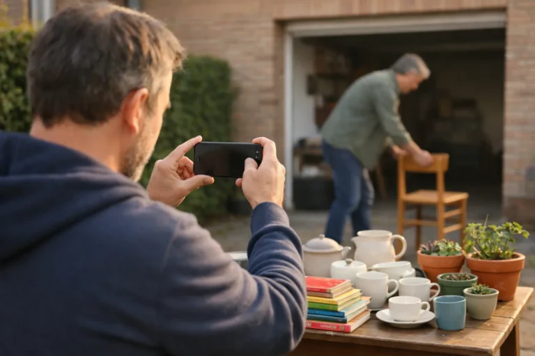Een bewoner fotografeert tweedehands spullen in de voortuin voor een aankondiging van een garageverkoop op Facebook.