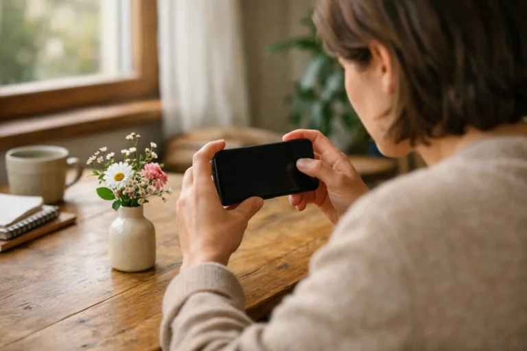 Iemand fotografeert bloemen met een smartphone bij het raam in natuurlijk daglicht.