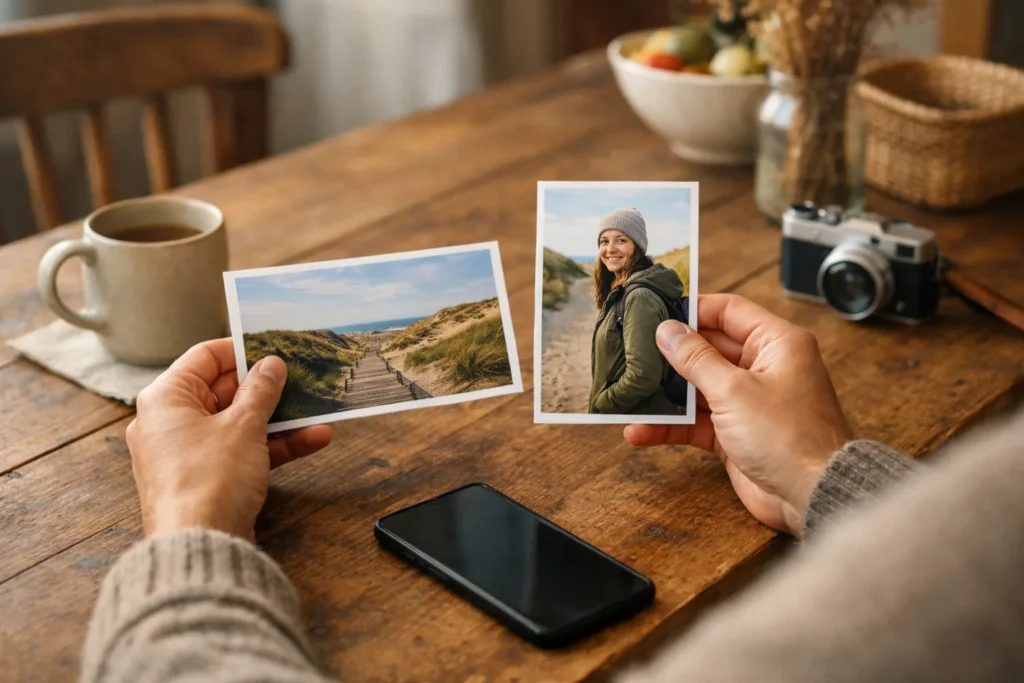 Iemand vergelijkt een liggende landschapsfoto met een staand portret naast een smartphone.