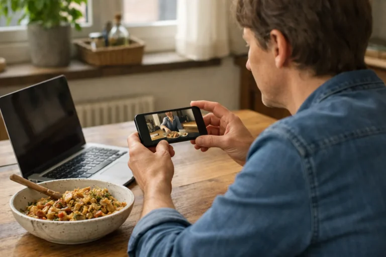 Iemand bekijkt een eigen kookvideo op een telefoon aan de keukentafel.