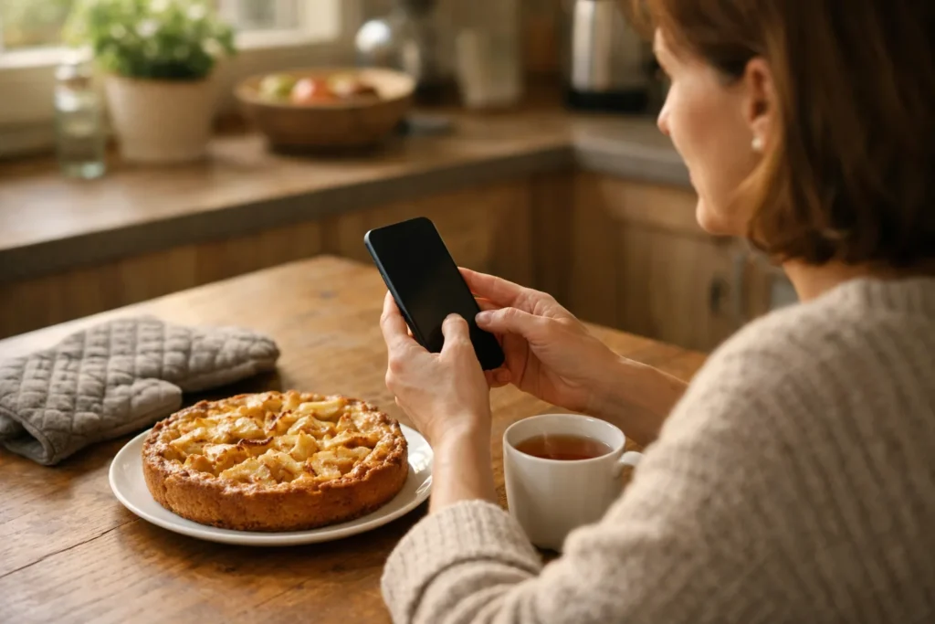 Iemand gebruikt een smartphone aan de keukentafel naast een zelfgebakken appeltaart.