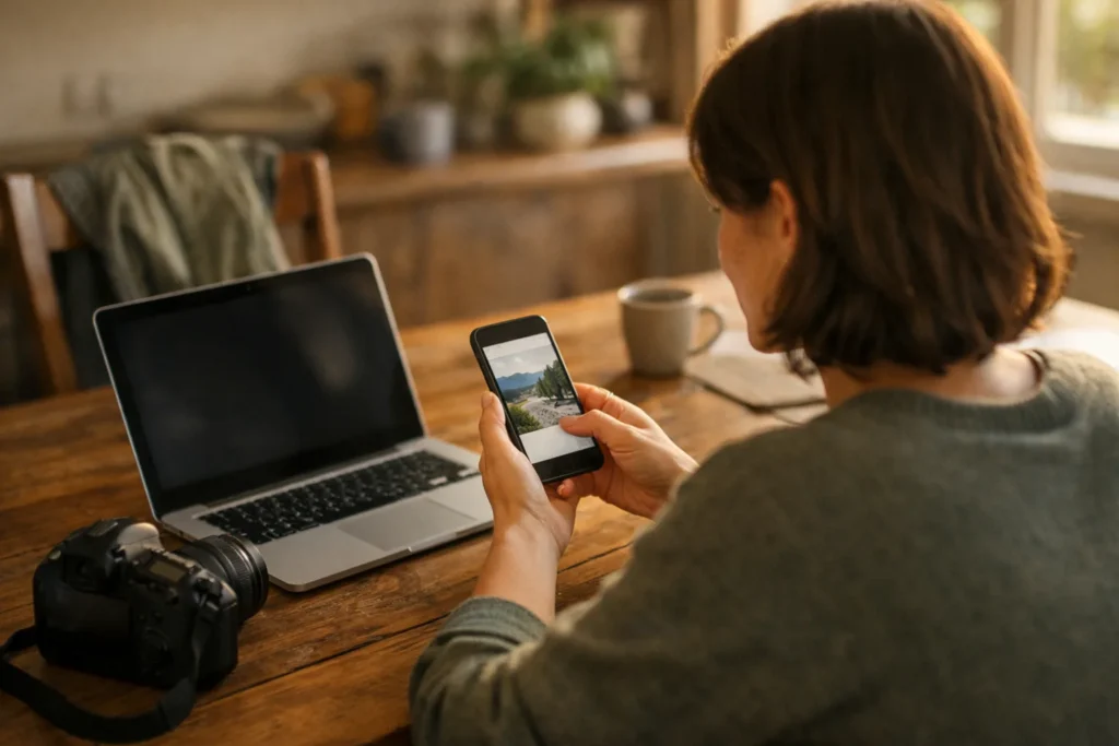 Persoon met een telefoon en laptop aan de keukentafel die een foto klaarzet om te delen.
