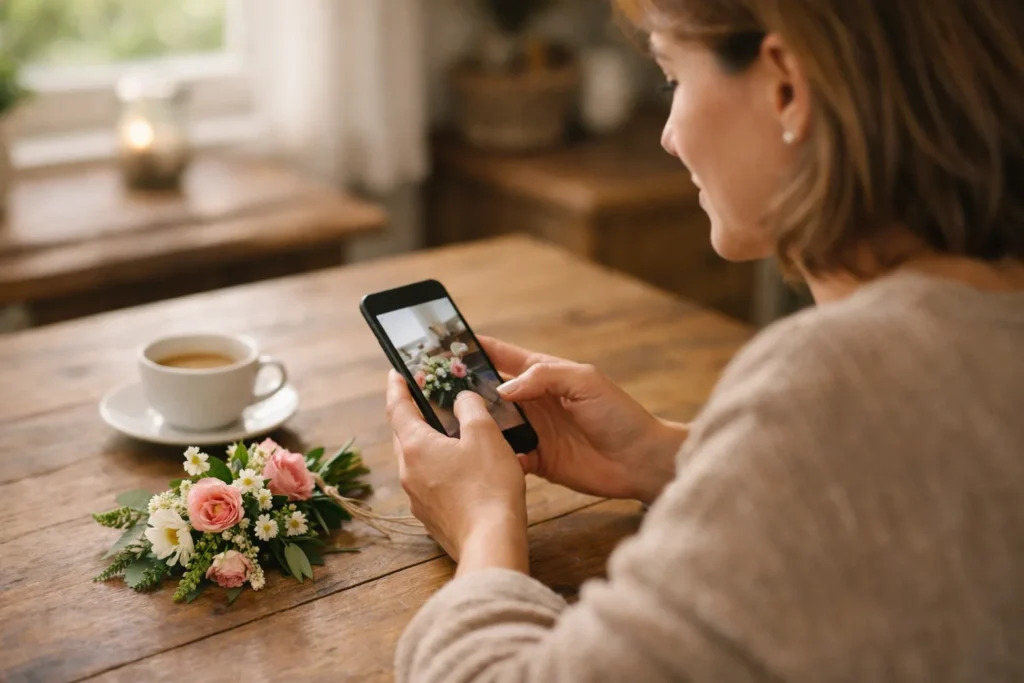Persoon aan een keukentafel die een foto van bloemen met een smartphone deelt.