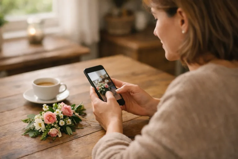 Persoon aan een keukentafel die een foto van bloemen met een smartphone deelt.