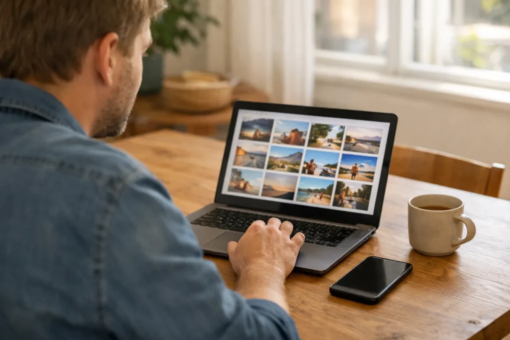 Persoon kiest aan de eettafel een foto op een laptop om op Instagram te plaatsen.