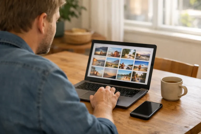 Persoon kiest aan de eettafel een foto op een laptop om op Instagram te plaatsen.
