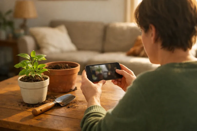 Persoon bekijkt op een telefoon een video van het verpotten van een plant voordat die op TikTok wordt geplaatst.
