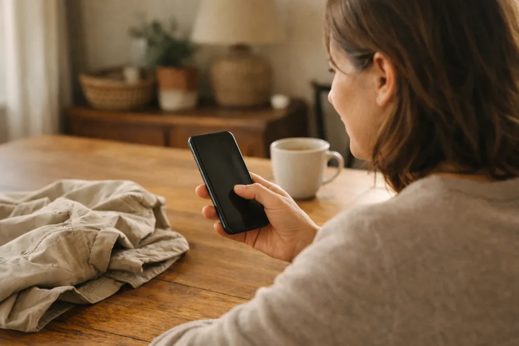 Iemand gebruikt thuis een smartphone om een eigen video in een Instagram Story te delen.