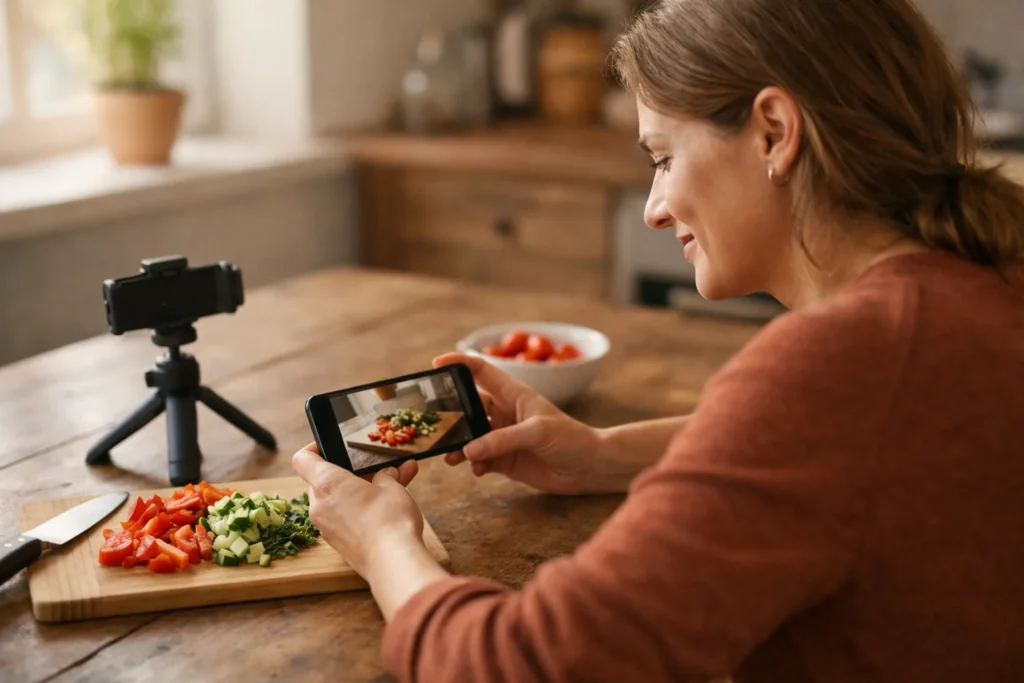 Persoon bekijkt een eigen kookvideo op een telefoon aan de keukentafel.