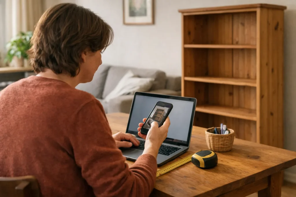 Persoon bereidt aan de eettafel een bericht voor over een boekenkast voor lokale Facebook groepen.