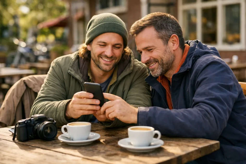 Twee vrienden bekijken samen een telefoon om een gezamenlijk bericht op Instagram voor te bereiden.