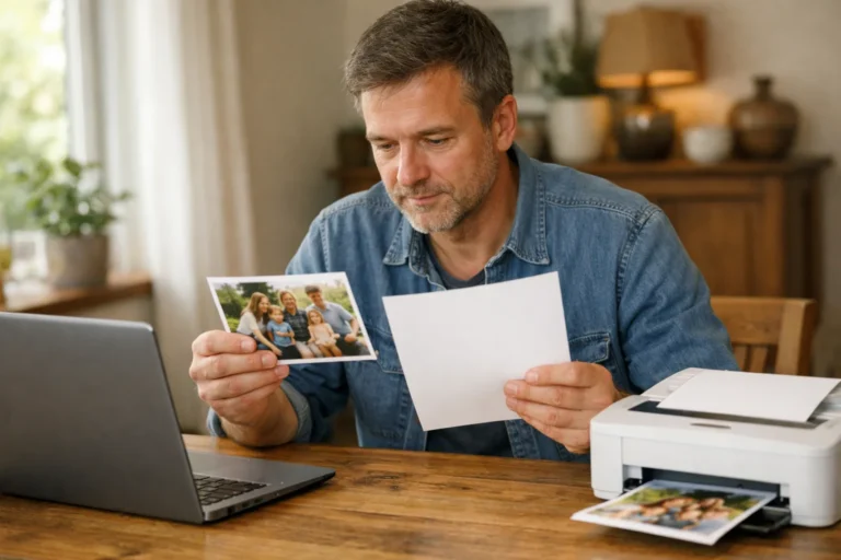 Iemand bekijkt thuis een afgedrukte foto naast een laptop en printer.