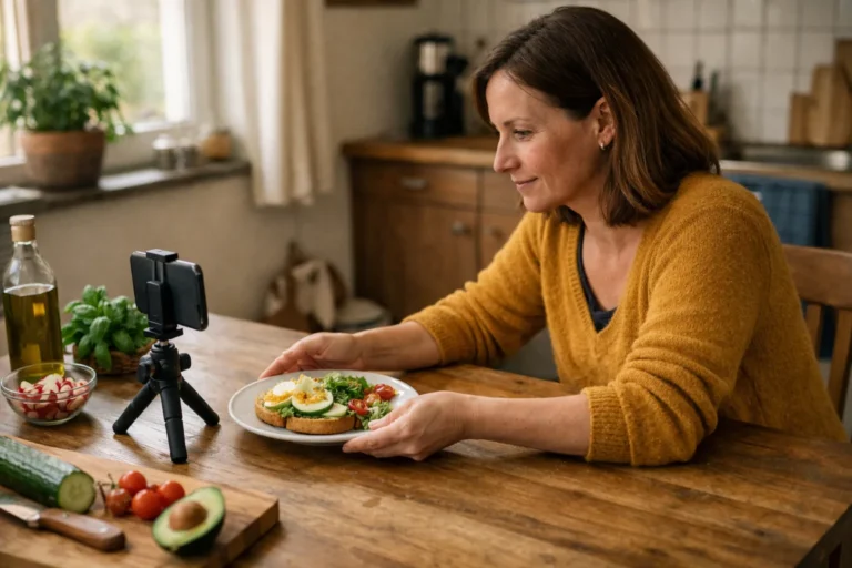 Persoon filmt aan de keukentafel een lunchgerecht voor een TikTok video.