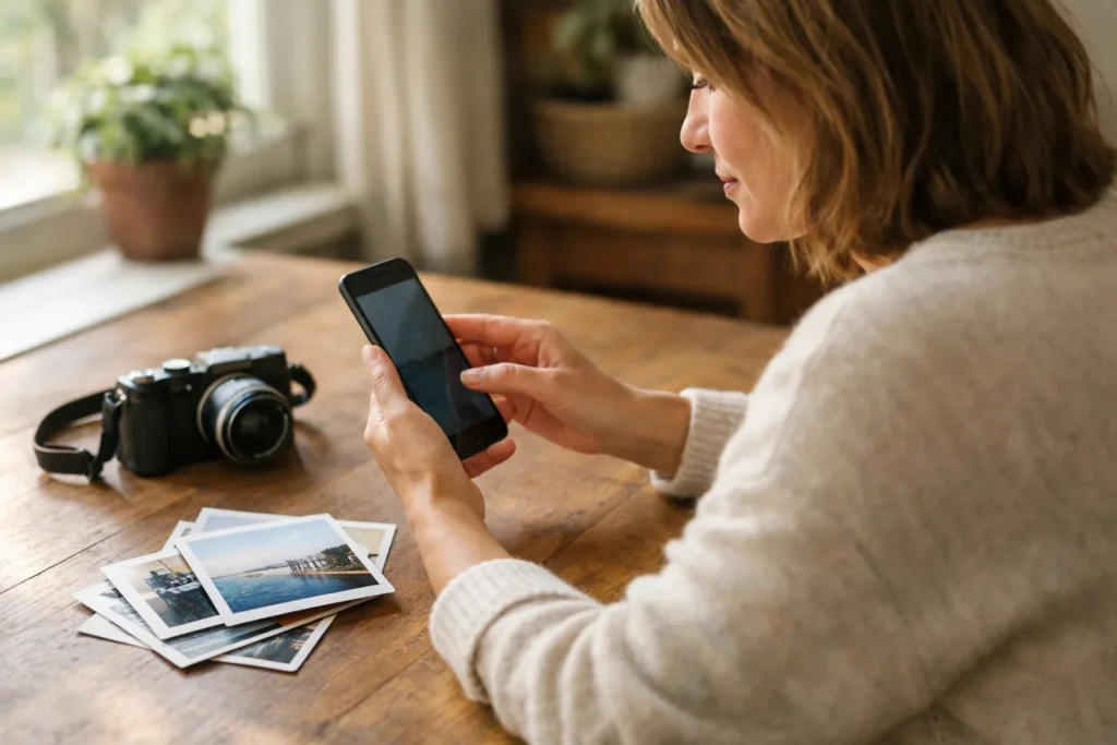 Persoon gebruikt een smartphone aan tafel, met een camera en fotoafdrukken ernaast.