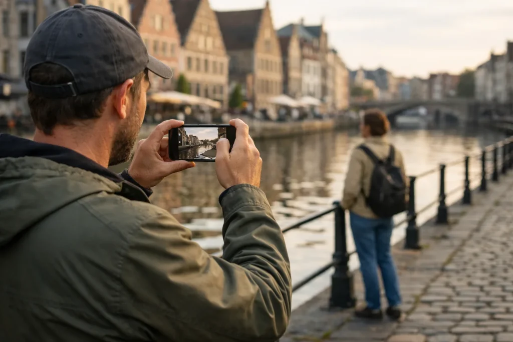 Een wandelaar filmt met een telefoon het uitzicht langs een kade in Gent.