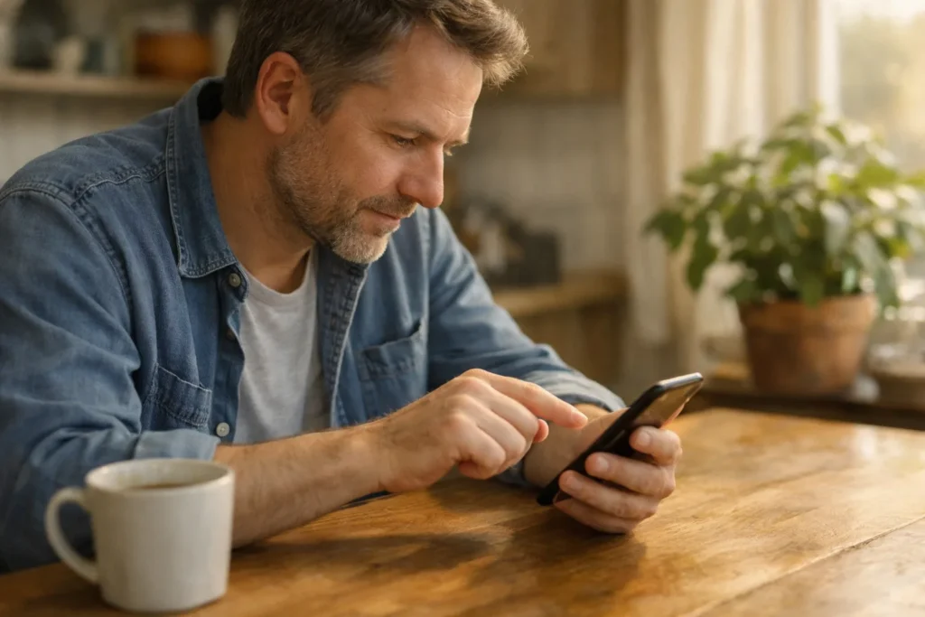 Iemand bekijkt een smartphone aan de keukentafel en wil op een bericht reageren.