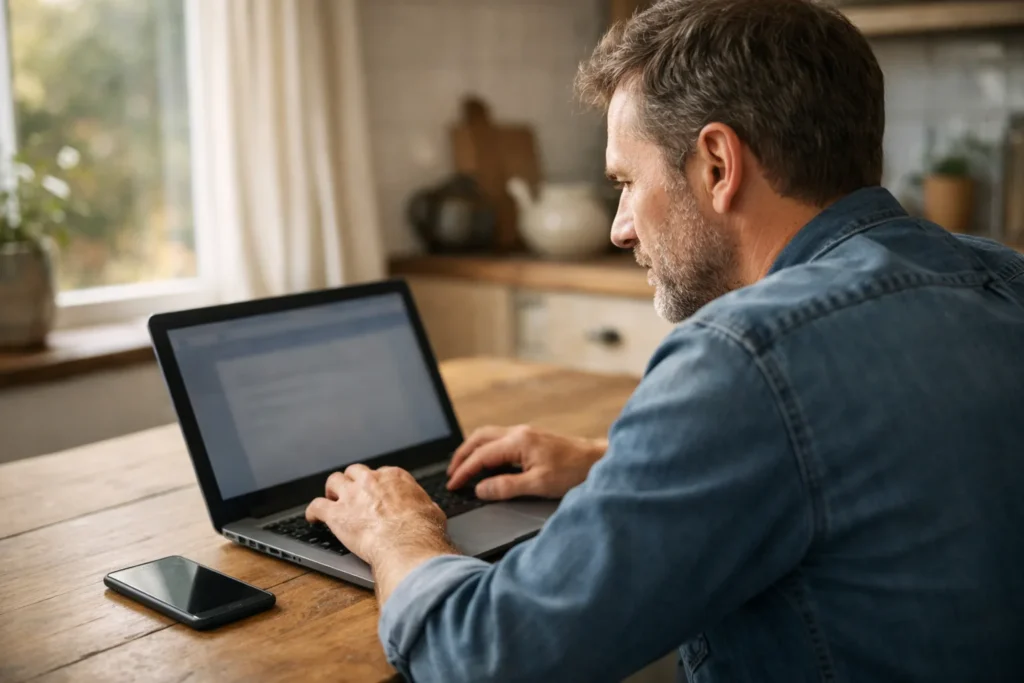 Persoon aan de keukentafel die op een laptop toegang tot een Facebook account probeert te herstellen.