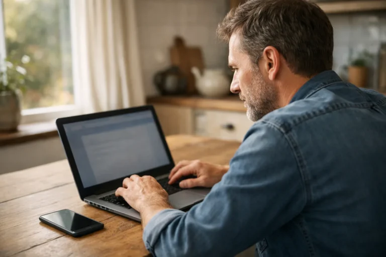 Persoon aan de keukentafel die op een laptop toegang tot een Facebook account probeert te herstellen.