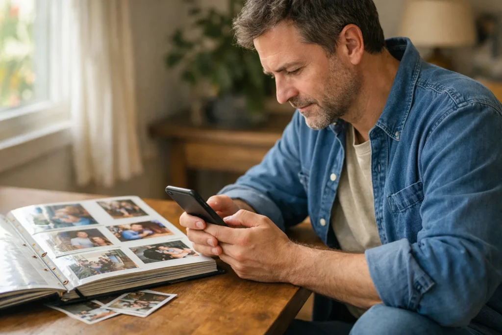 Persoon zoekt op een telefoon naar een oude foto met een fotoalbum op tafel.