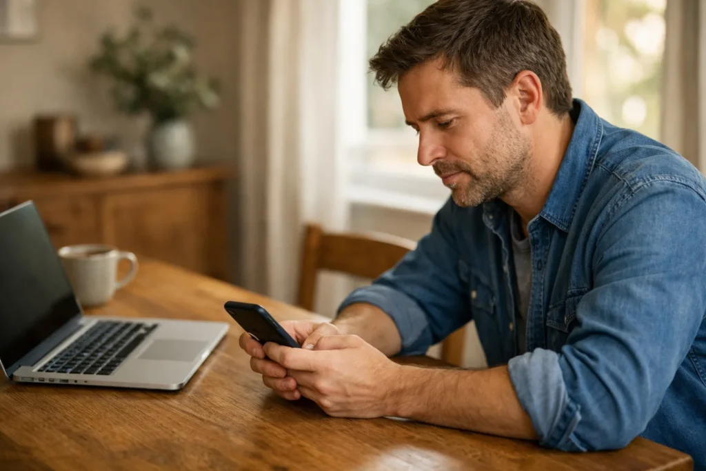 Persoon aan een eettafel die op een telefoon naar een verwijderde video zoekt