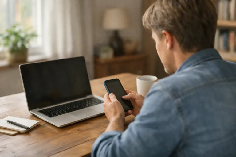 Persoon controleert een telefoon naast een open laptop om weer toegang tot Facebook te krijgen.