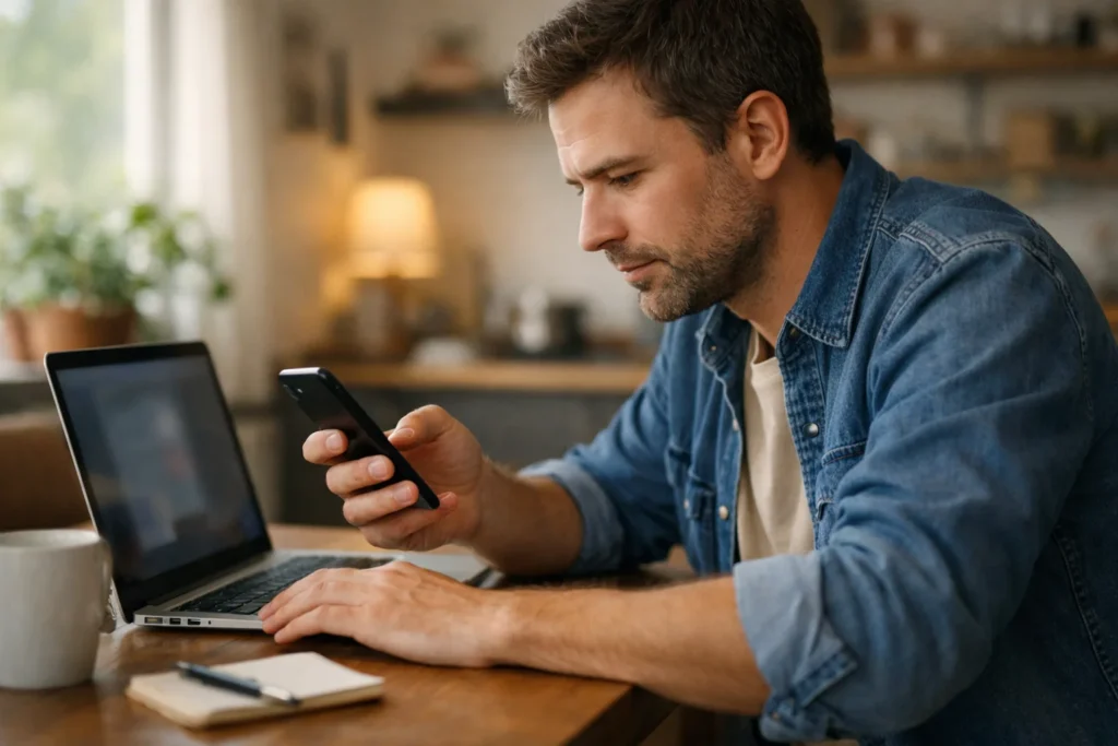 Persoon bekijkt een telefoon naast een open laptop om weer toegang tot een TikTok account te krijgen.