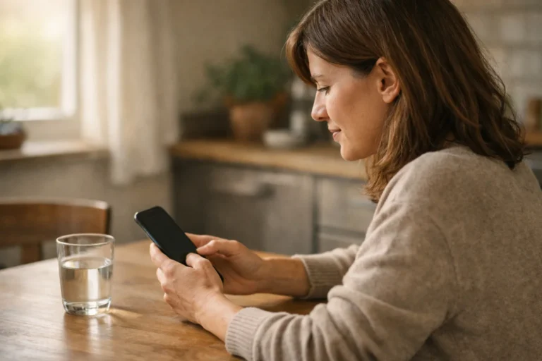 Persoon bekijkt een smartphone aan de keukentafel om Instagram accountinstellingen aan te passen.