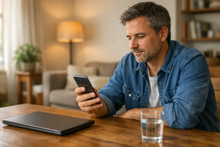 Persoon bekijkt een smartphone aan de eettafel om een profielfoto te beheren.