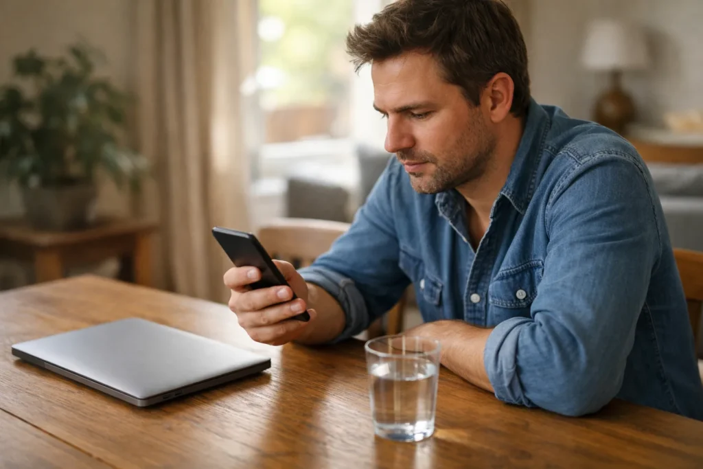 Persoon die thuis op een smartphone de privacy van een Facebook profiel controleert