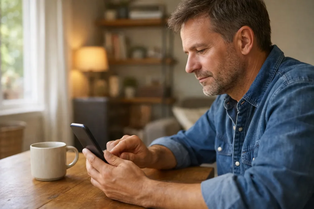Persoon bekijkt een smartphone aan de keukentafel om de volgerslijst te beheren.