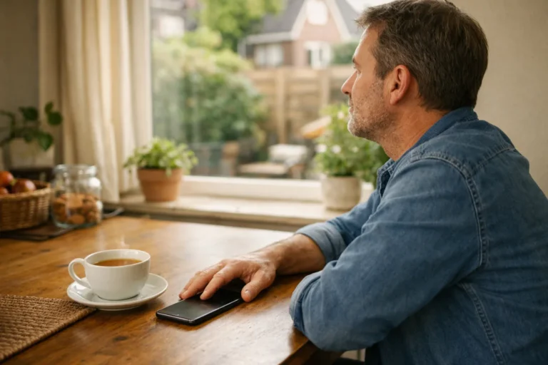 Een persoon legt thuis een telefoon met het scherm naar beneden naast een kop thee.