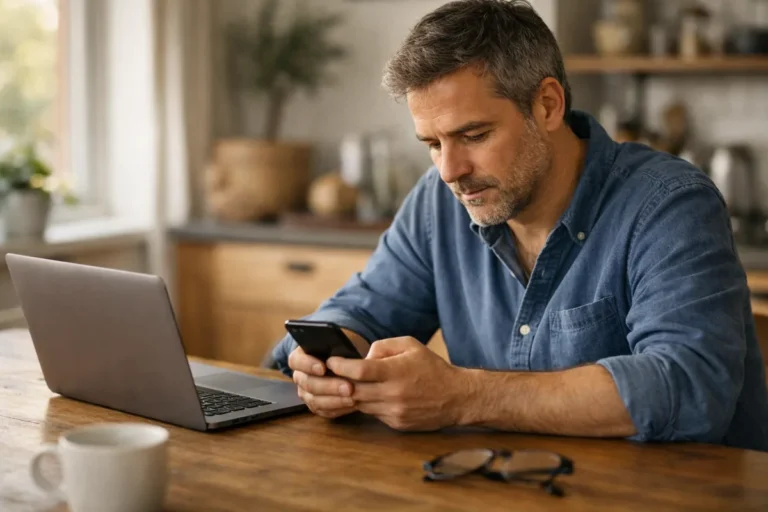 Persoon bekijkt een smartphone aan de keukentafel met een laptop ernaast.