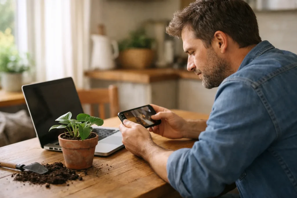 Persoon bekijkt een eigen video op een telefoon aan de keukentafel, naast een laptop en een kamerplant.