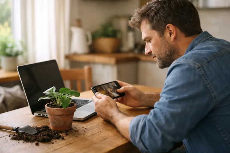 Persoon bekijkt een eigen video op een telefoon aan de keukentafel, naast een laptop en een kamerplant.