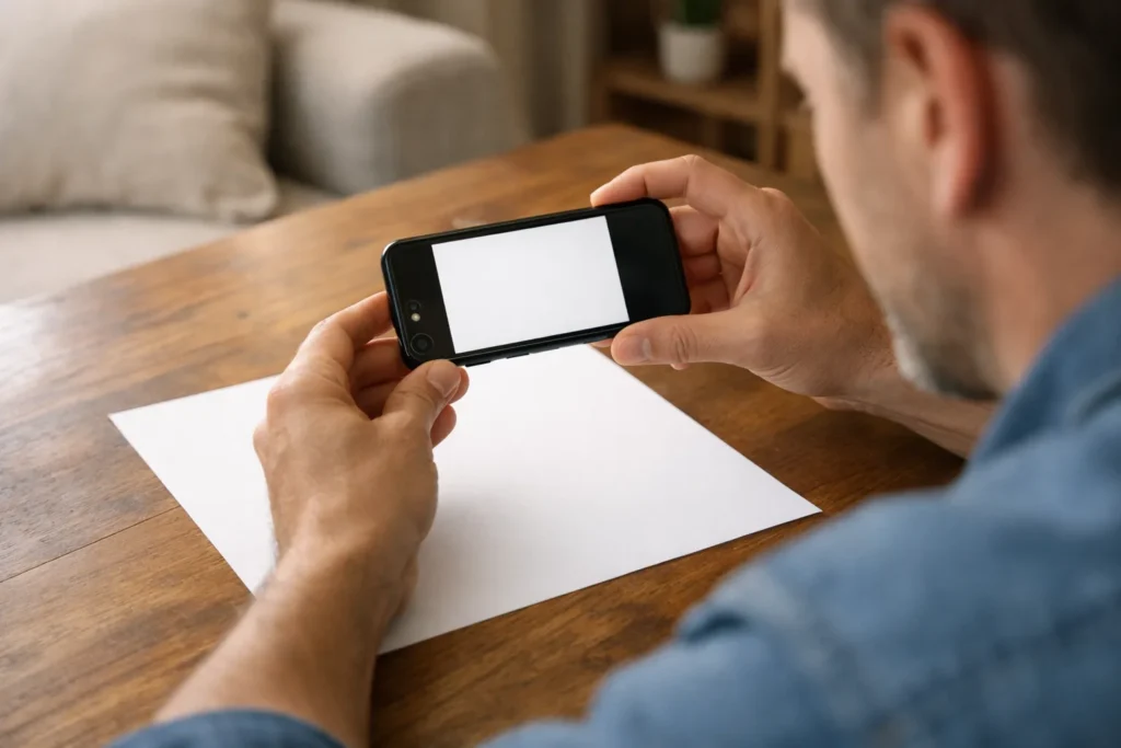 Iemand fotografeert een leeg vel papier om een eenvoudige TikTok profielfoto te maken.