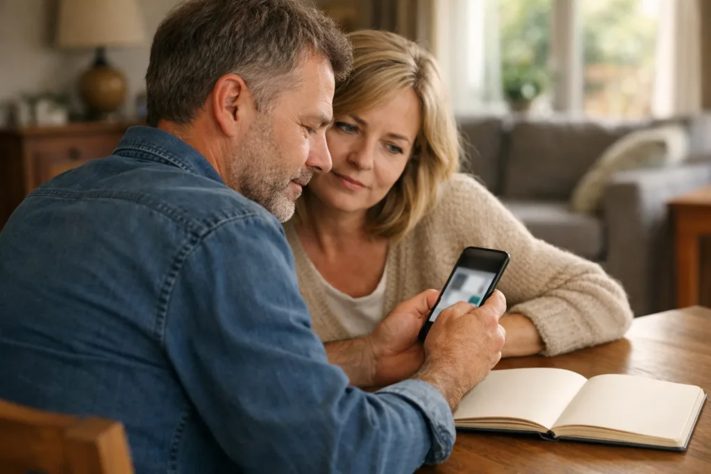 Twee mensen bekijken samen een telefoon om een verdacht Facebookprofiel te controleren.