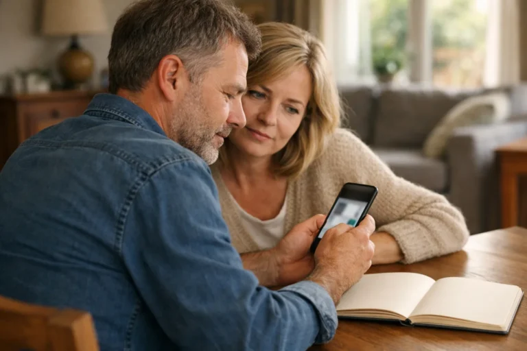 Twee mensen bekijken samen een telefoon om een verdacht Facebookprofiel te controleren.
