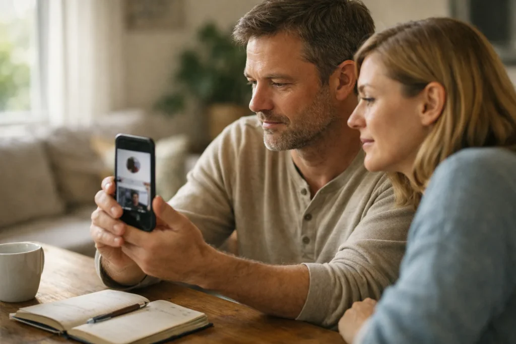 Een persoon bekijkt samen met iemand een telefoon om bewijs van een nepprofiel te bewaren.