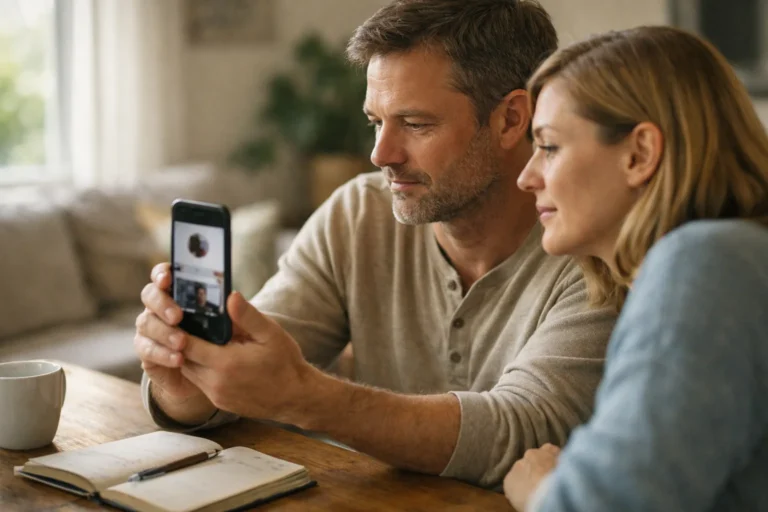 Een persoon bekijkt samen met iemand een telefoon om bewijs van een nepprofiel te bewaren.