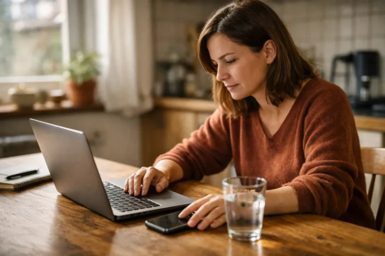Persoon aan de keukentafel met een telefoon en laptop om hulp voor een gehackt Instagram account te zoeken