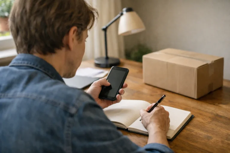 Persoon bekijkt een telefoon en noteert gegevens over een verdachte tweedehandsaankoop.