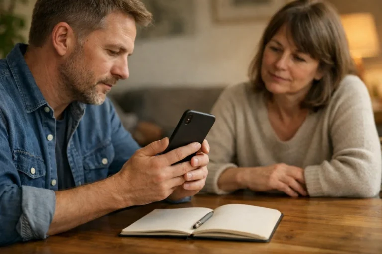 Iemand bekijkt een telefoon met een vertrouwd persoon naast zich en een notitieboek op tafel.