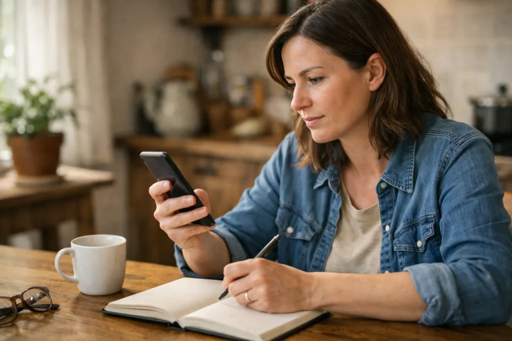 Persoon bekijkt een telefoon met een pen en notitieboek klaar om gegevens voor een accountmelding te bewaren.