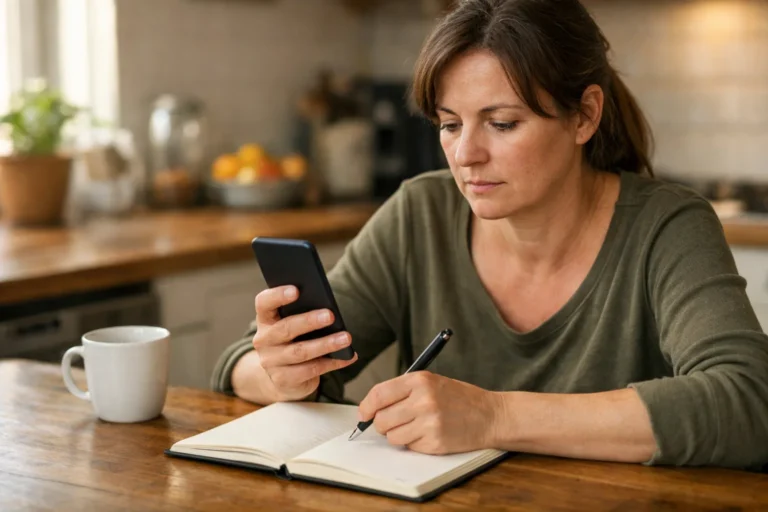 Persoon bekijkt een telefoon met een notitieboek erbij om een online voorval vast te leggen.