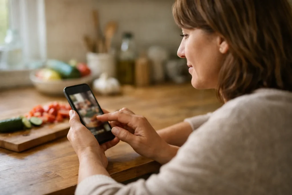 Een persoon bekijkt een smartphone aan de keukentafel om een Reel te delen.
