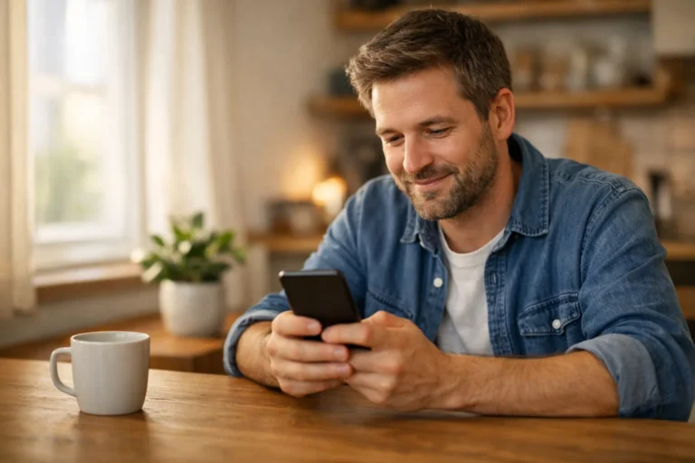 Persoon aan de keukentafel die een smartphone gebruikt om een bericht te delen.