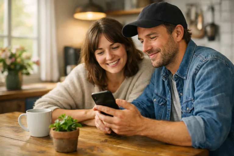 Twee mensen bekijken samen een smartphone aan de keukentafel om een foto te delen.